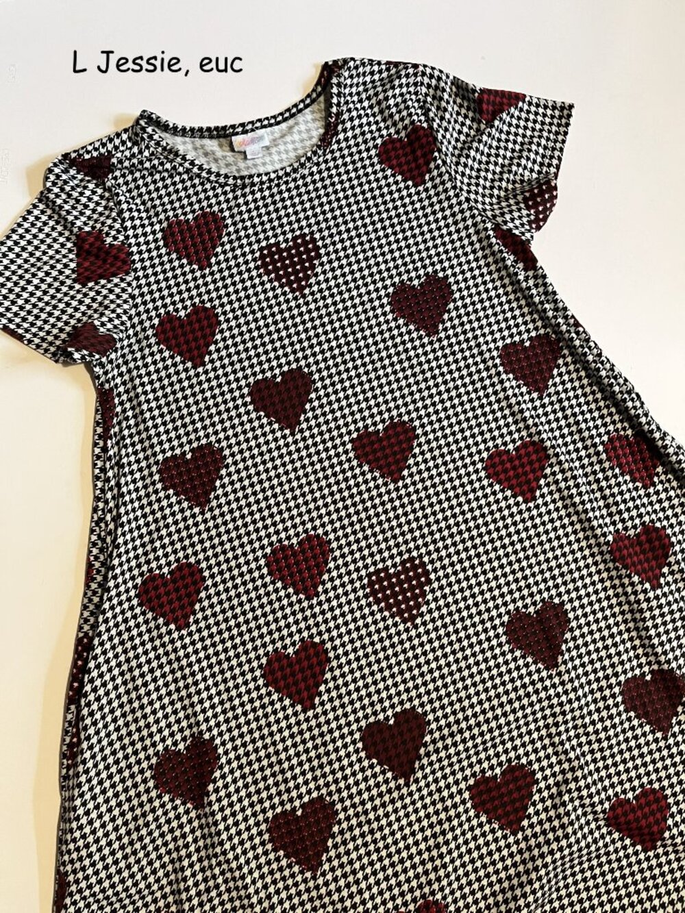 Large Lularoe Jessie a-line dress, black white herringbone, red hearts